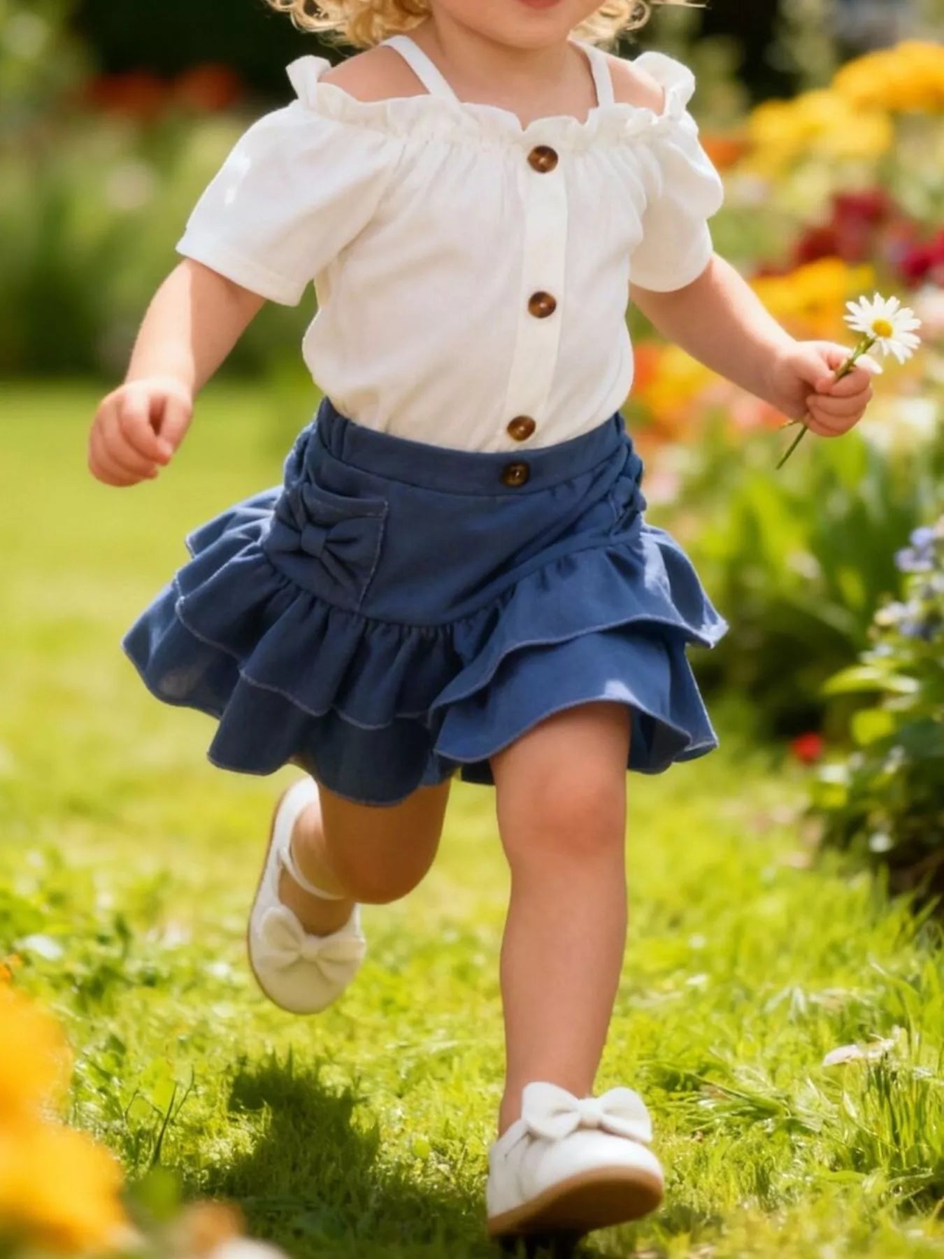Petite fille portant un ensemble haut épaules dénudées et jupe en denim à volants
