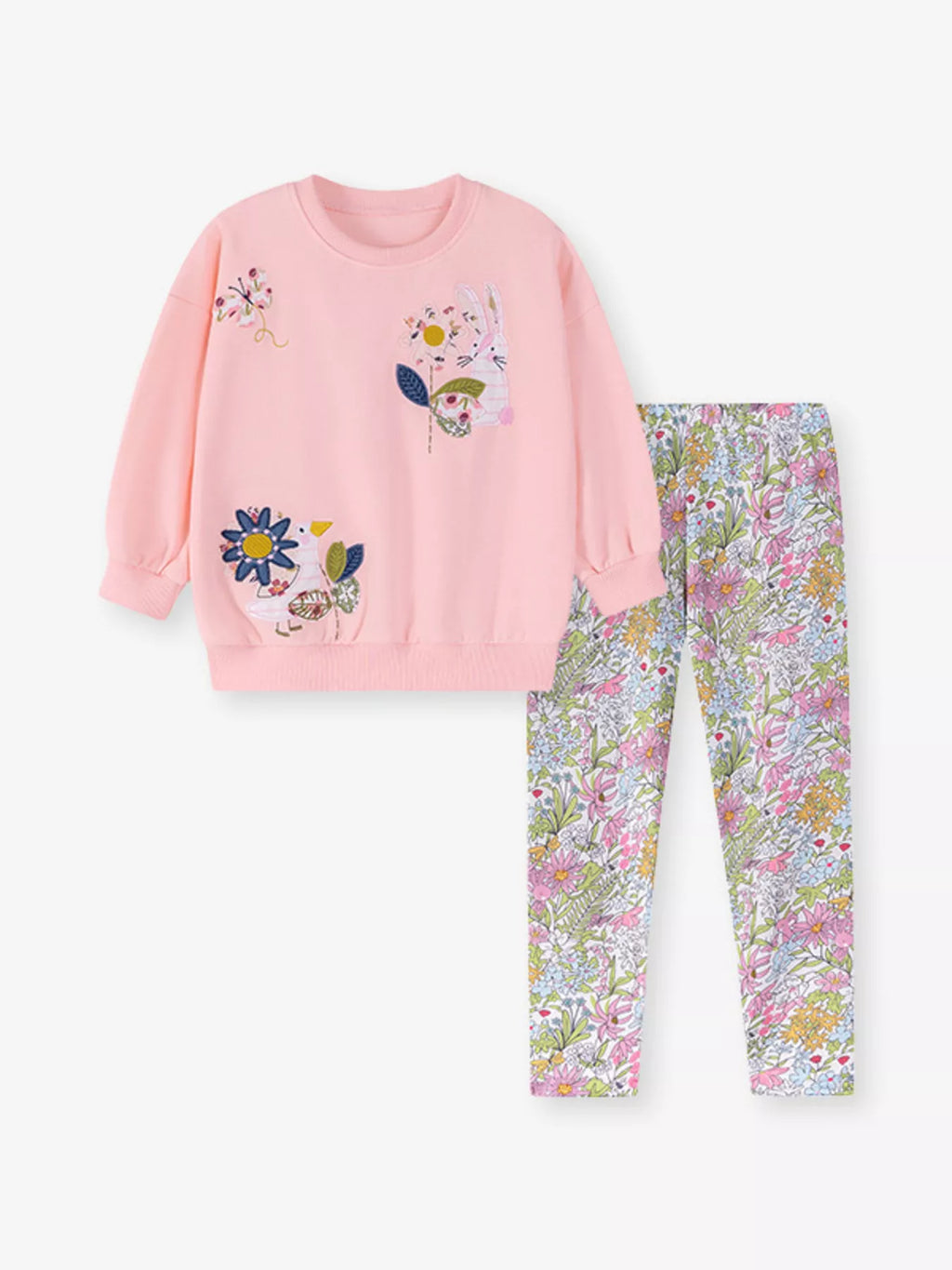 🌺 Vue complète de l'ensemble à plat - sweat fleuri et leggings parfaitement coordonnés pour un look harmonieux et décontracté