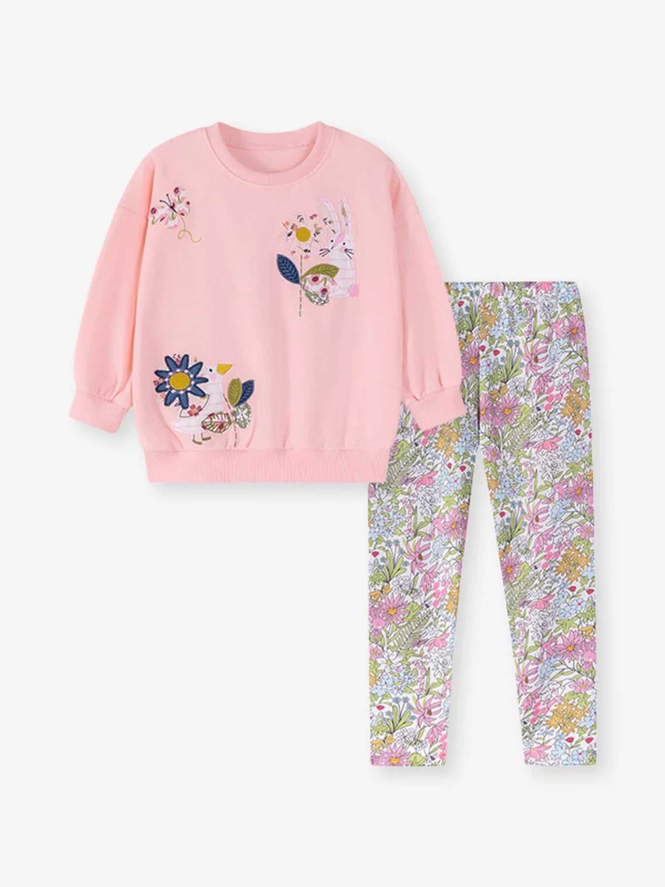 🌺 Vue complète de l'ensemble à plat - sweat fleuri et leggings parfaitement coordonnés pour un look harmonieux et décontracté