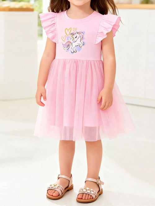Robe tulle licorne magique avec manches à volants pour petite fille - motif graphique licorne féerique - vue de face - design princesse enchanteur - BabyCoton Suisse
