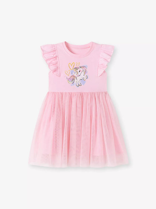 Robe complète tulle licorne graphique avec manches à volants - qualité premium 100% coton - design féerique tendance - parfaite occasions spéciales - BabyCoton Suisse
