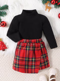  🎀 Petite fille portant un ensemble élégant haut côtelé et jupe à carreaux - vue de face montrant le style intemporel et raffiné parfait pour l'école et les occasions spéciales