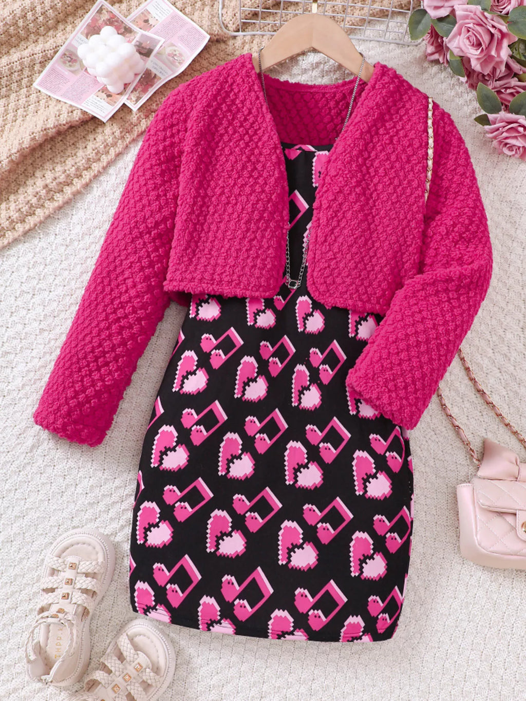 🧥 Gros plan détail robe imprimée motifs délicats élégants et cardigan coordonné harmonieux - design raffiné féminin - finitions soignées coutures impeccables - tissu doux confortable - tenue mariages baptêmes fêtes élégantes BabyCoton
