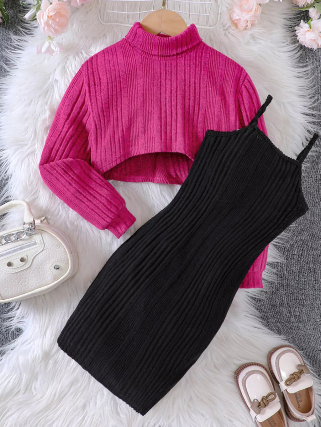 🎨 Vue complète ensemble robe tricot côtelé bicolore texturée fille - coupe flatteuse silhouette élégante féminine - tissu doux extensible liberté mouvement - design moderne tendance - style polyvalent automne hiver - vêtements premium BabyCoton Suisse
