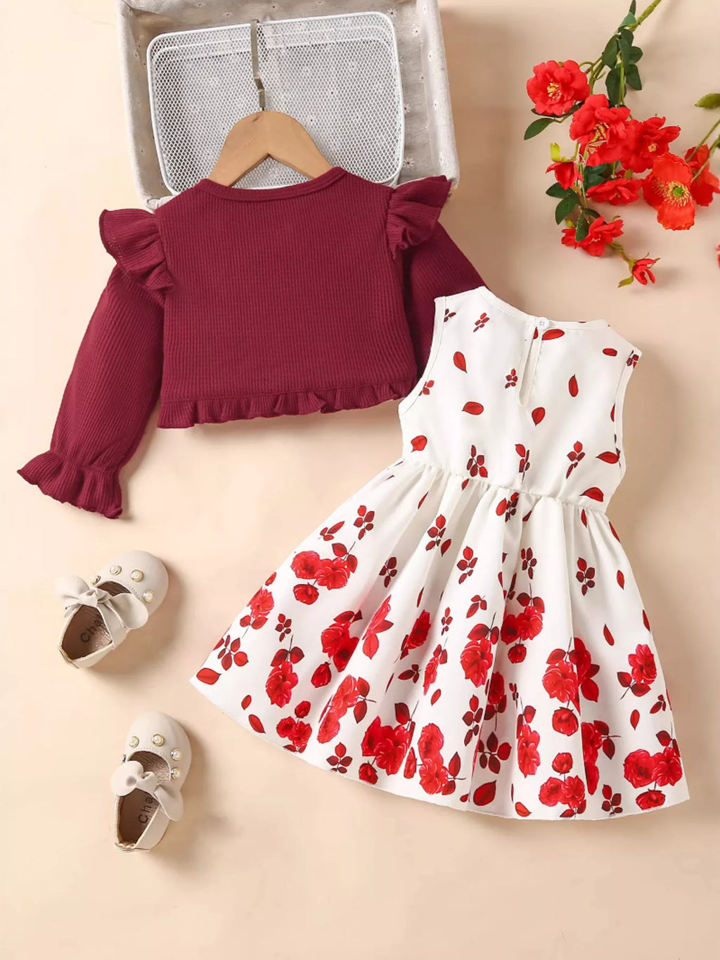 🌸 Vue complète ensemble 2 pièces robe nœud cardigan à volants coordonnés fille - coupe flatteuse silhouette élégante féminine - tissus doux confortables - design romantique raffiné complet - style polyvalent printemps été - vêtements premium BabyCoton Suisse
