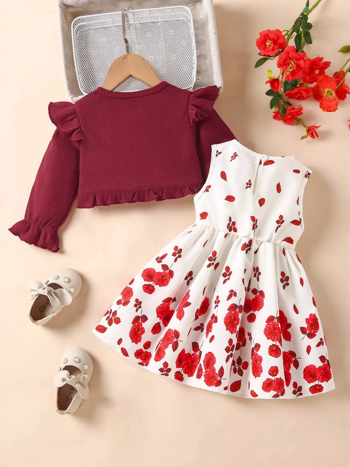 🌸 Vue complète ensemble 2 pièces robe nœud cardigan à volants coordonnés fille - coupe flatteuse silhouette élégante féminine - tissus doux confortables - design romantique raffiné complet - style polyvalent printemps été - vêtements premium BabyCoton Suisse
