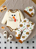 🦃 Adorable bébé portant ensemble 3 pièces Mon 1er Thanksgiving avec dinde graphique festif - tenue complète première fête mémorable - tissu ultra-doux coton peau délicate - couleurs chaudes joyeuses - design unique souvenir précieux - vêtements premium qualité BabyCoton Suisse
