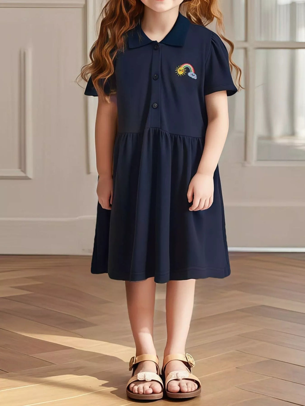 Robe polo arc-en-ciel brodée pour petite fille - style classique élégant - broderie colorée joyeuse - vue de face - BabyCoton Suisse

