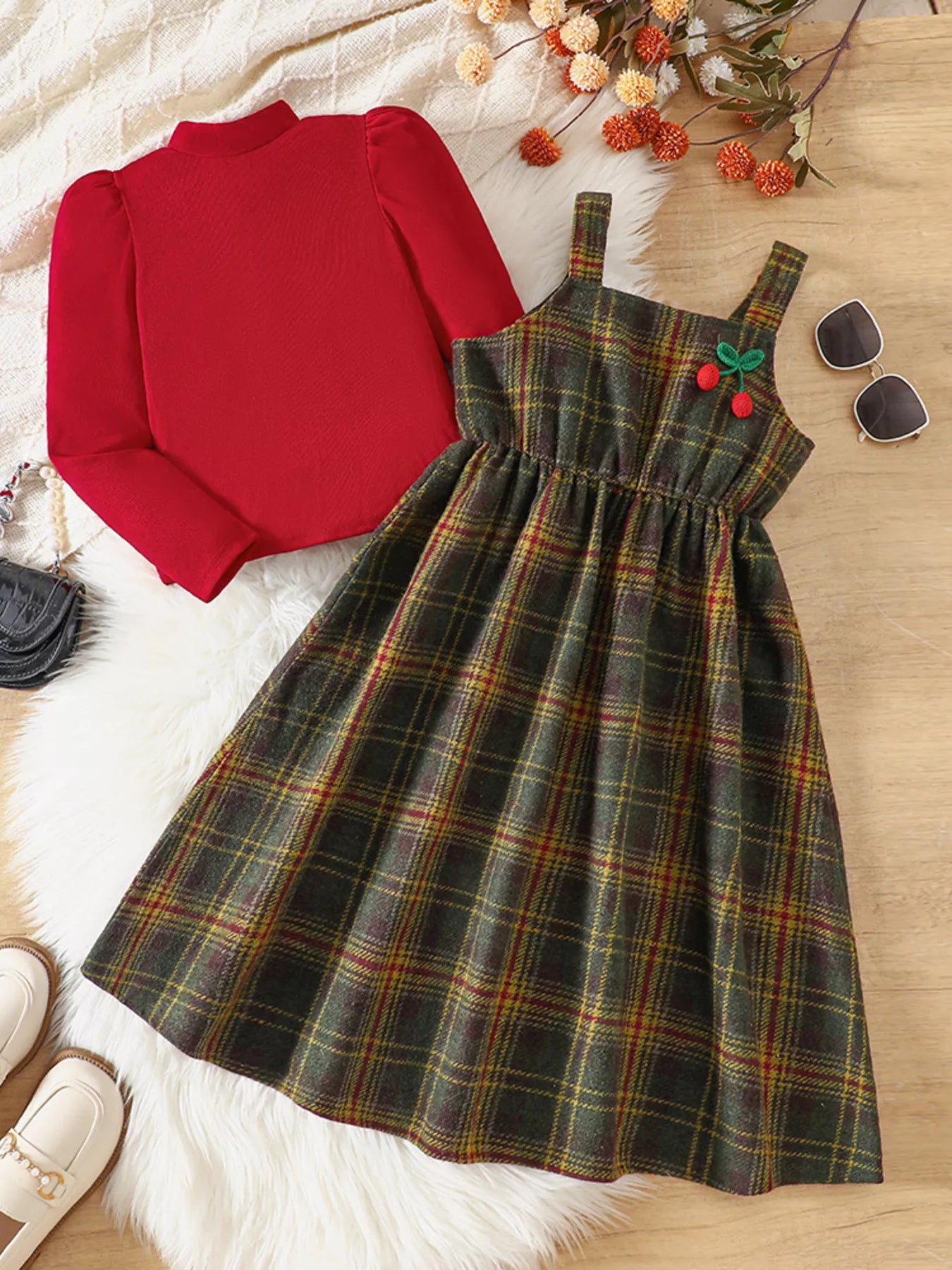 💝 Ensemble fille haut manches longues et robe carreaux parfaitement assortis - Solution complète qui simplifie les matins tout en garantissant un look impeccable
