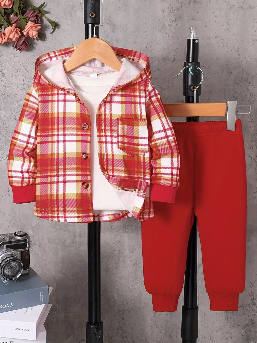 🧥 Ensemble veste à carreaux boutonnée à capuche et pantalon coordonné pour enfant - style casual chic BabyCoton - motif carreaux tendance - confort premium
