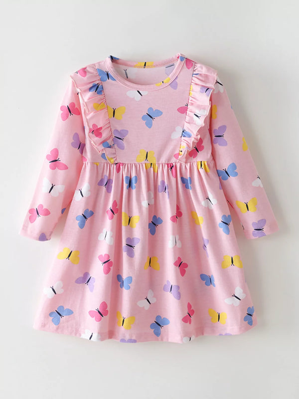 Robe fille imprimée papillons manches longues avec volants délicats - vue avant complète - charme féerique
