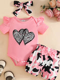 Ensemble bébé fille 3 pièces rose léopard - body manches volantées avec cœurs léopard noir et blanc, short camouflage rose noir blanc avec nœud, bandeau assorti - tenue tendance bébé 0-24 mois - BabyCoton

