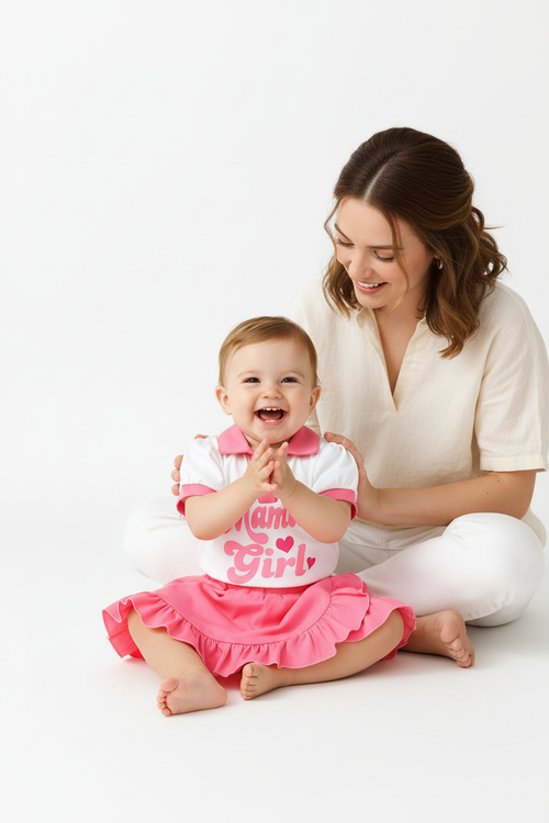 Ensemble bébé fille Mama's Girl blanc rose — polo col rose et jupe à volants rose, tenue légère été boutique