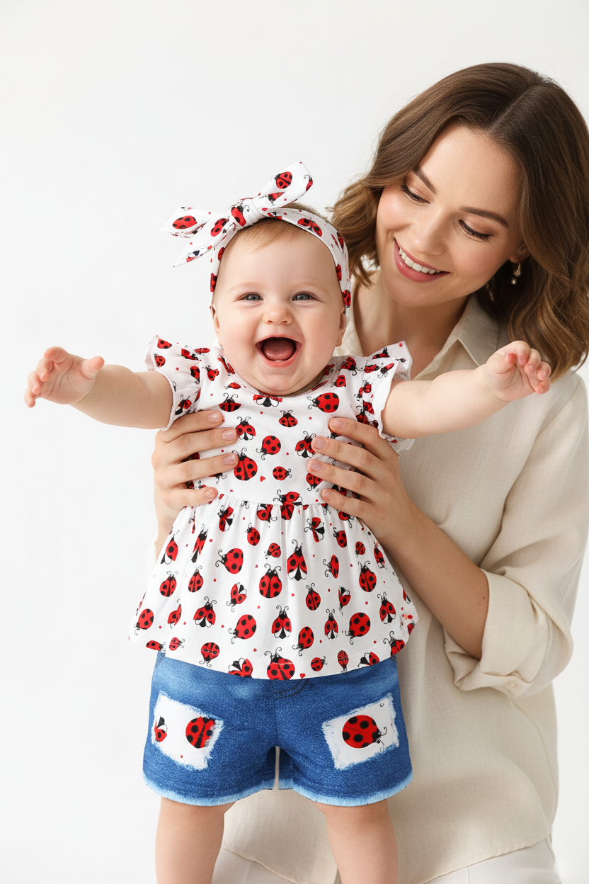 Ensemble bébé fille coccinelles — top blanc volants peplum imprimé coccinelles et short jean bleu patch, tenue été 9-18 mois