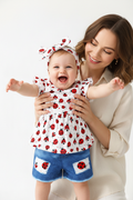 Ensemble bébé fille coccinelles — top blanc volants peplum imprimé coccinelles et short jean bleu patch, tenue été 9-18 mois