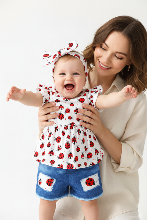 Ensemble bébé fille coccinelles — top blanc volants peplum imprimé coccinelles et short jean bleu patch, tenue été 9-18 mois