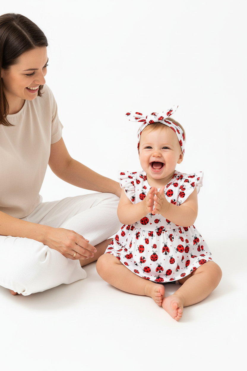 Ensemble bébé fille coccinelles blanc rouge — top peplum volants et short jean bleu patch, tenue légère été boutique fond blanc