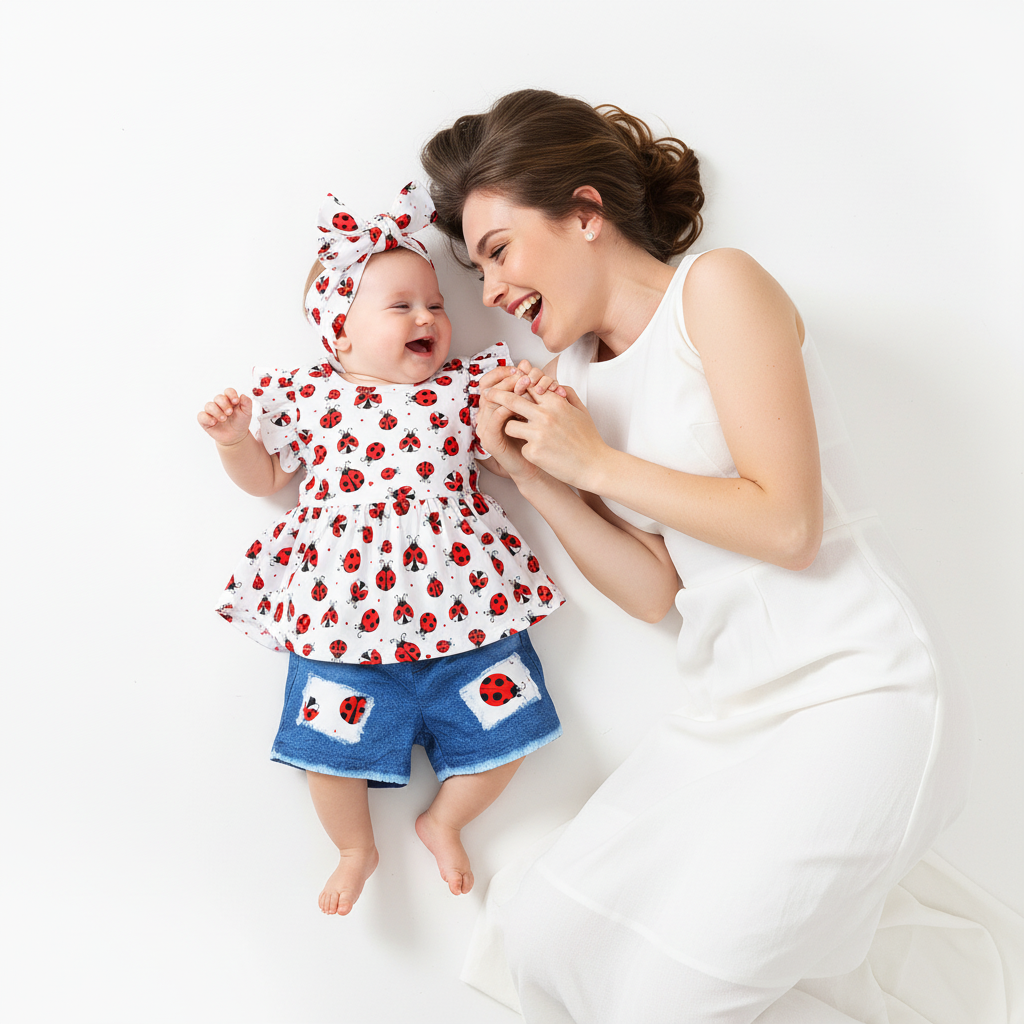 Ensemble bébé fille motif coccinelles — tenue coordonnée top blanc et short jean bleu, photo lifestyle maman et bébé fond blanc vue du dessus