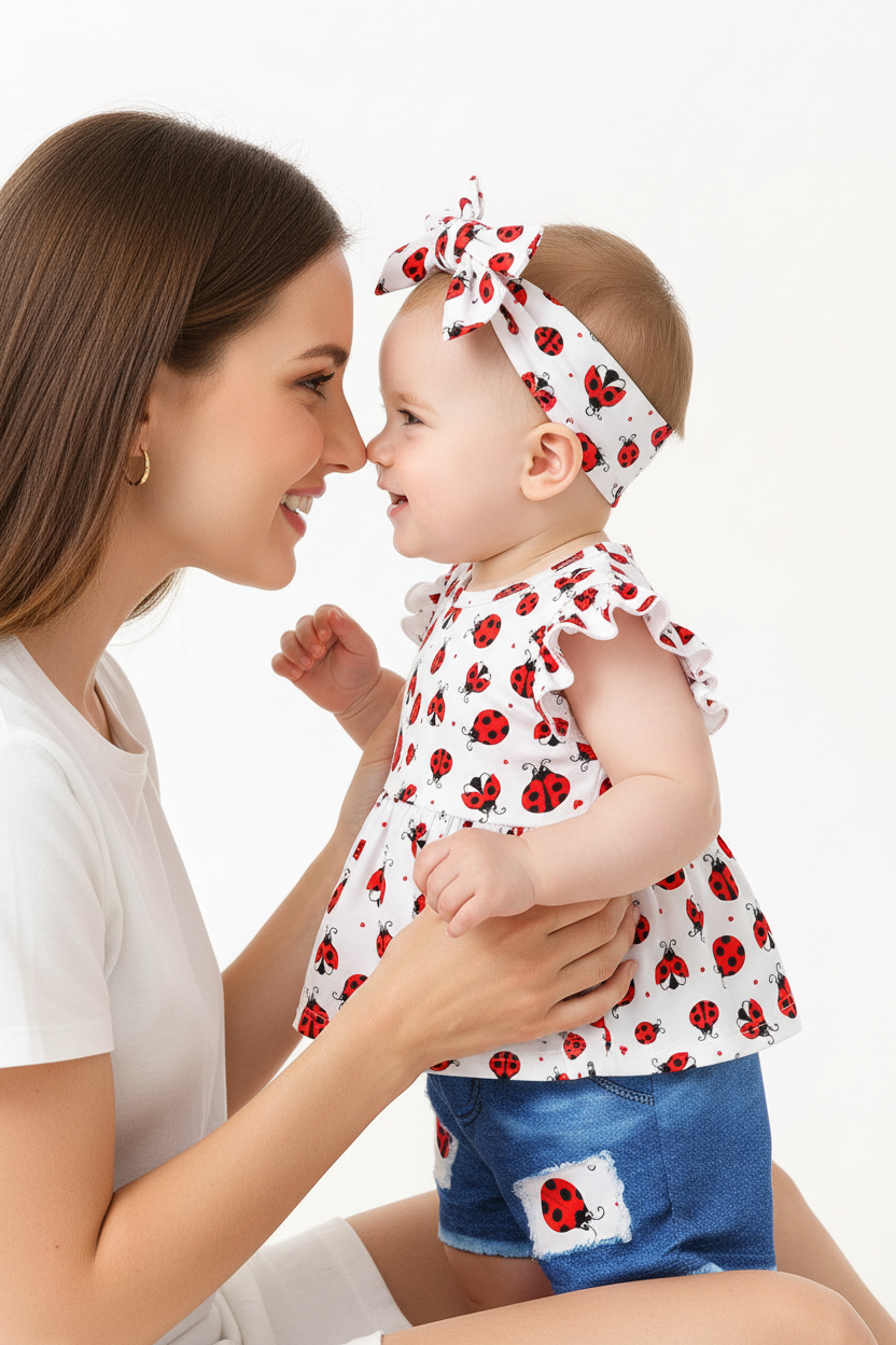 Ensemble bébé fille motif coccinelles — top blanc volants peplum et short jean bleu patch, photo lifestyle maman et bébé fond blanc