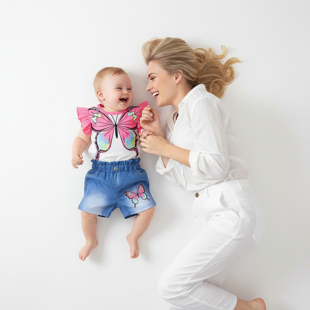 Ensemble bébé fille motif papillon — tenue coordonnée top blanc et short jean bleu, photo lifestyle maman et bébé fond blanc vue du dessus