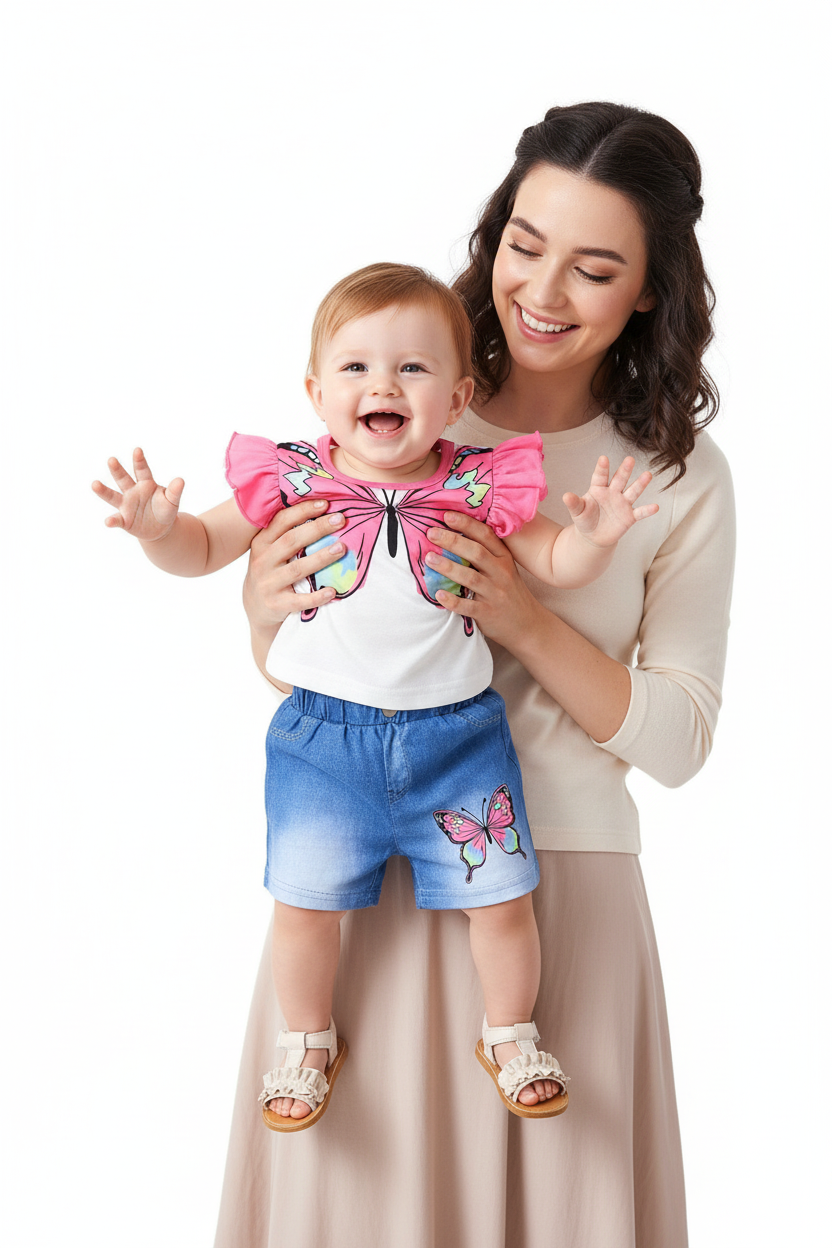Ensemble bébé fille papillon — top blanc manches volantées imprimé papillon rose et short jean bleu, tenue été 9-18 mois