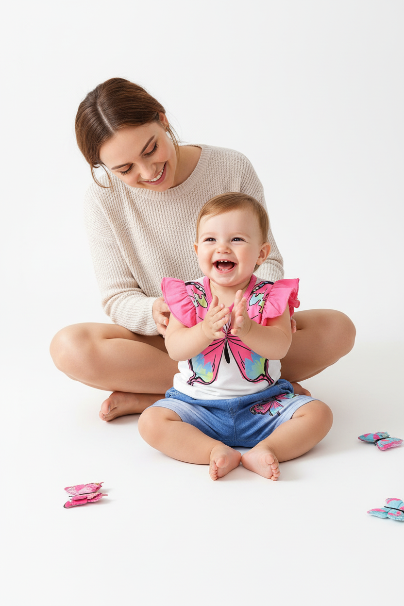 Ensemble bébé fille papillon blanc rose — top volants imprimé papillon et short jean bleu brodé, tenue légère été boutique