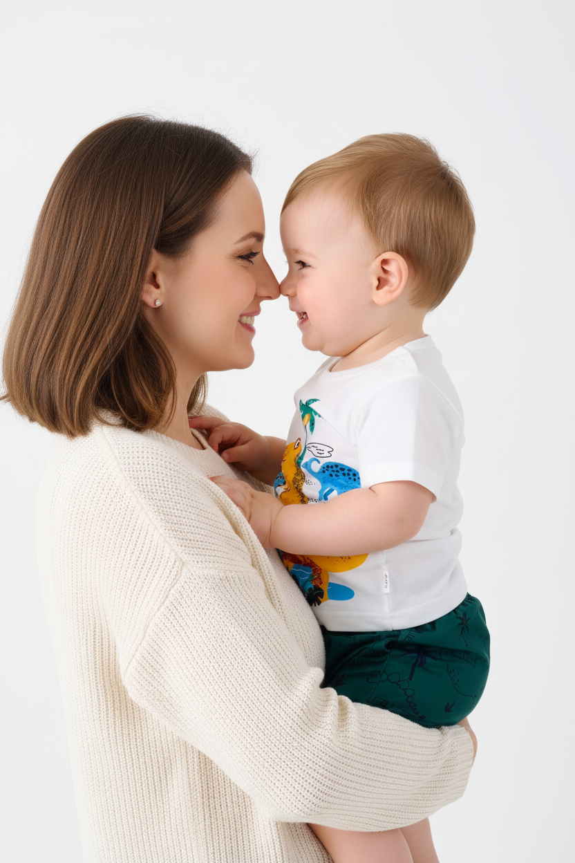 Ensemble bébé garçon motif dinosaures — t-shirt blanc graphique coloré et short vert foncé, photo lifestyle maman et bébé fond blanc