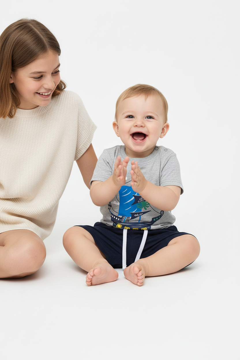 Ensemble bébé garçon bateau pirate gris marine — t-shirt graphique bateau et short bleu marine cordon, tenue légère été boutique fond blanc