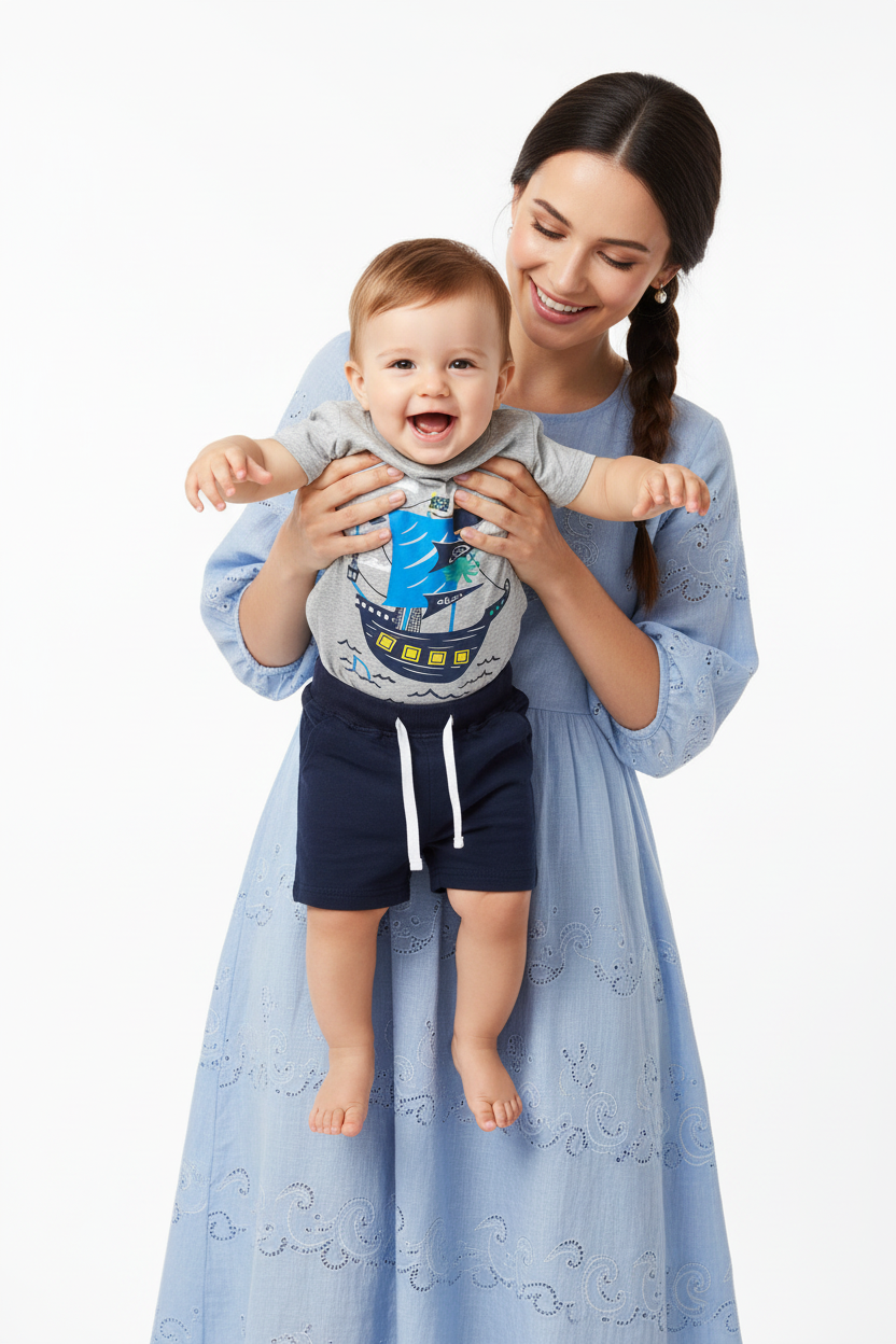 Ensemble bébé garçon bateau pirate — t-shirt gris graphique bateau et short marine bleu cordon, tenue été 12-24 mois
