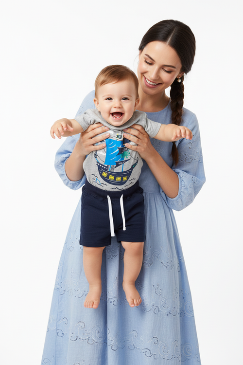 Ensemble bébé garçon bateau pirate — t-shirt gris graphique bateau et short marine bleu cordon, tenue été 12-24 mois