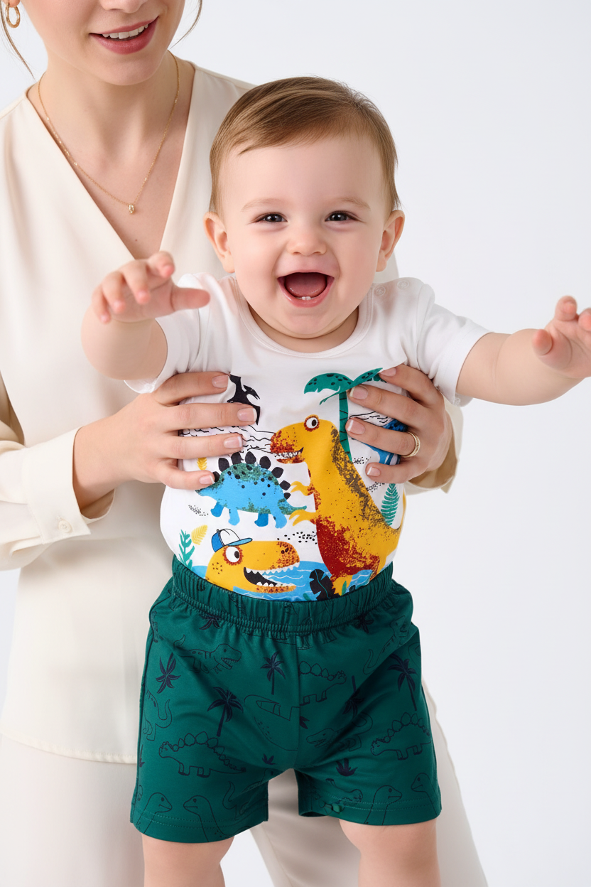 Ensemble bébé garçon dinosaures — t-shirt blanc graphique dino et short vert foncé imprimé, tenue été 9-18 mois