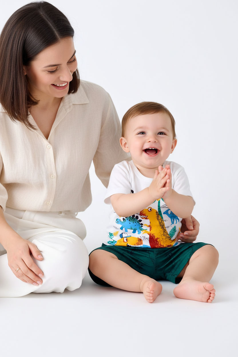 Ensemble bébé garçon dinosaures blanc vert — t-shirt graphique dino et short vert foncé imprimé, tenue légère été boutique fond blanc