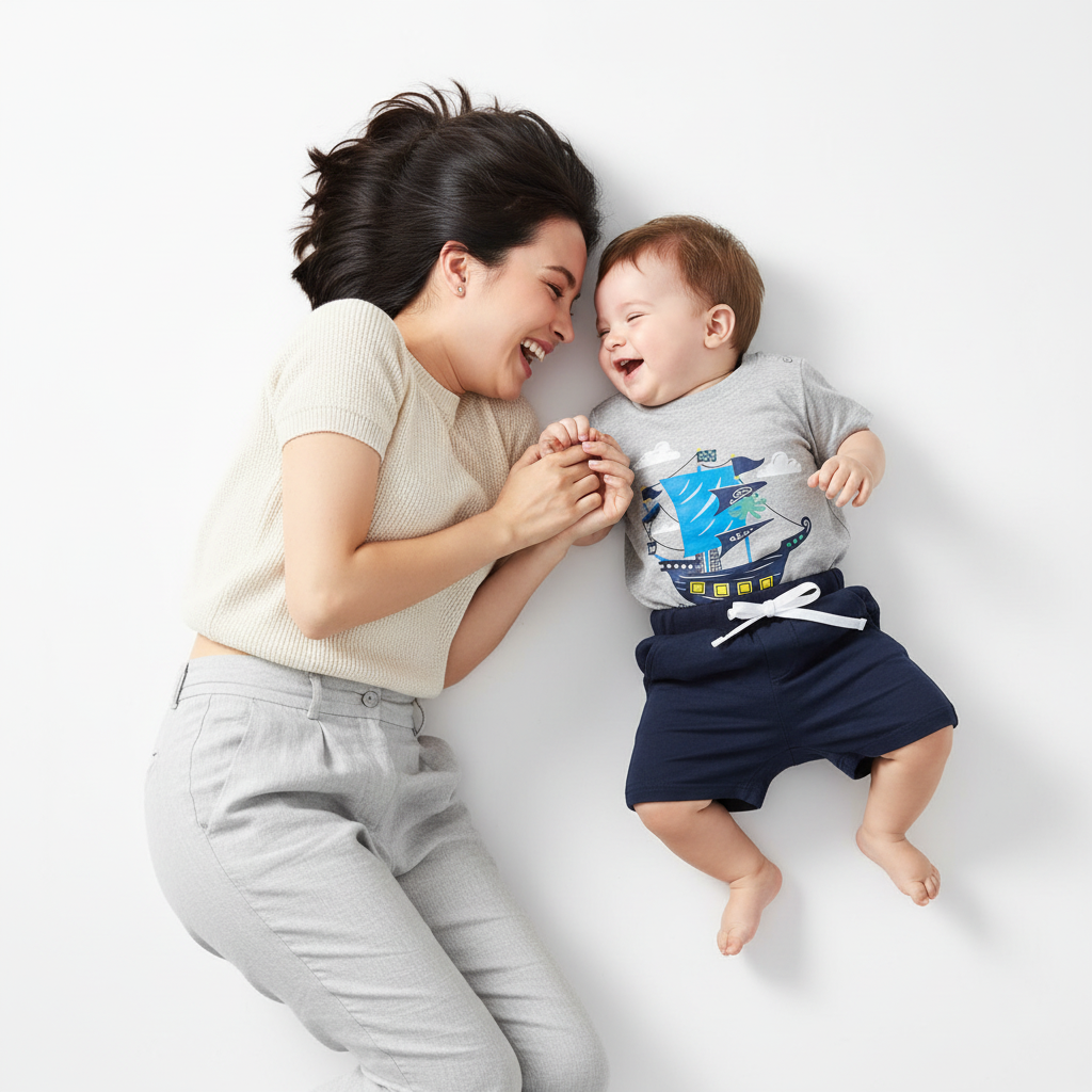 Ensemble bébé garçon motif bateau pirate — tenue coordonnée t-shirt gris et short bleu marine, photo lifestyle maman et bébé fond blanc vue du dessus