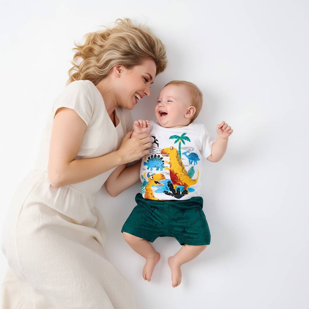 Ensemble bébé garçon motif dinosaures — tenue coordonnée t-shirt blanc et short vert foncé, photo lifestyle maman et bébé fond blanc vue du dessus