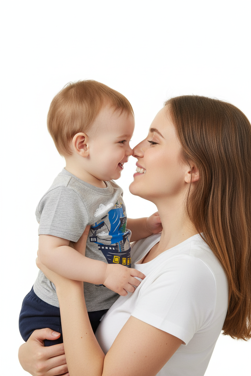 Ensemble bébé garçon motif bateau pirate — t-shirt gris graphique coloré et short bleu marine, photo lifestyle maman et bébé fond blanc