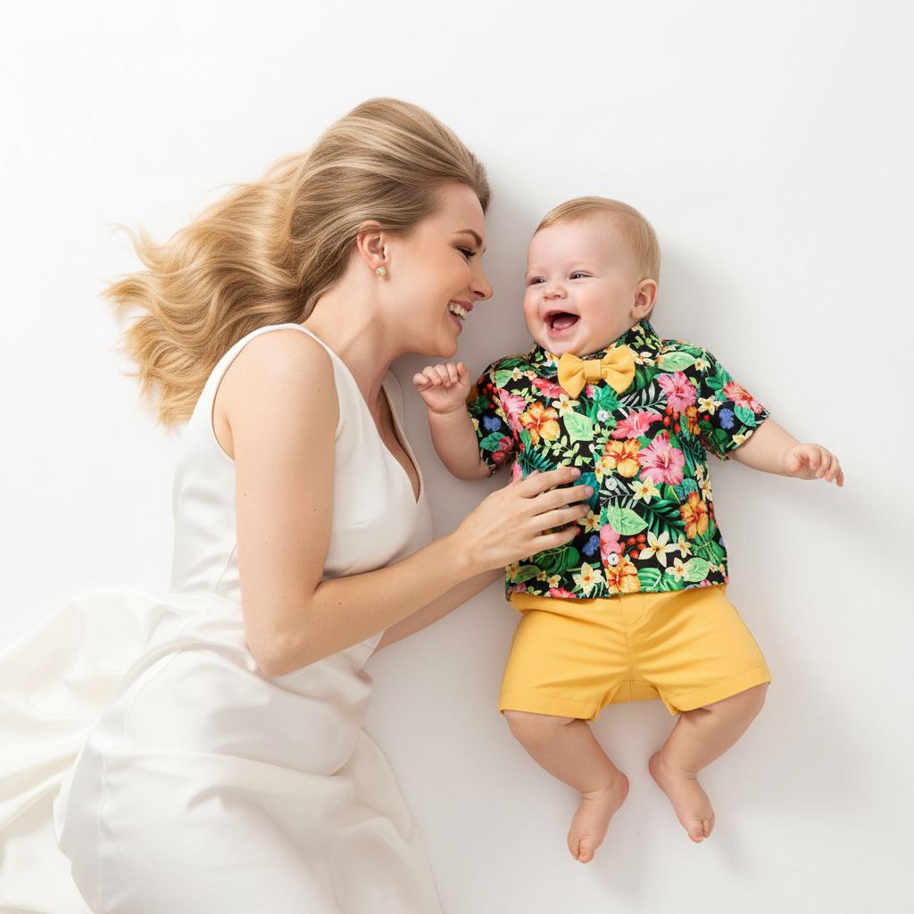 Ensemble bébé garçon motif tropical — tenue coordonnée chemise fleurie et short jaune, photo lifestyle maman et bébé fond blanc vue du dessus