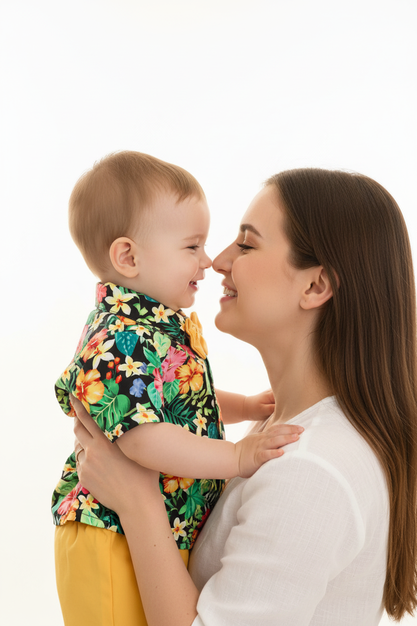 Ensemble bébé garçon motif tropical — chemise fleurie noire nœud papillon et short jaune, photo lifestyle maman et bébé fond blanc