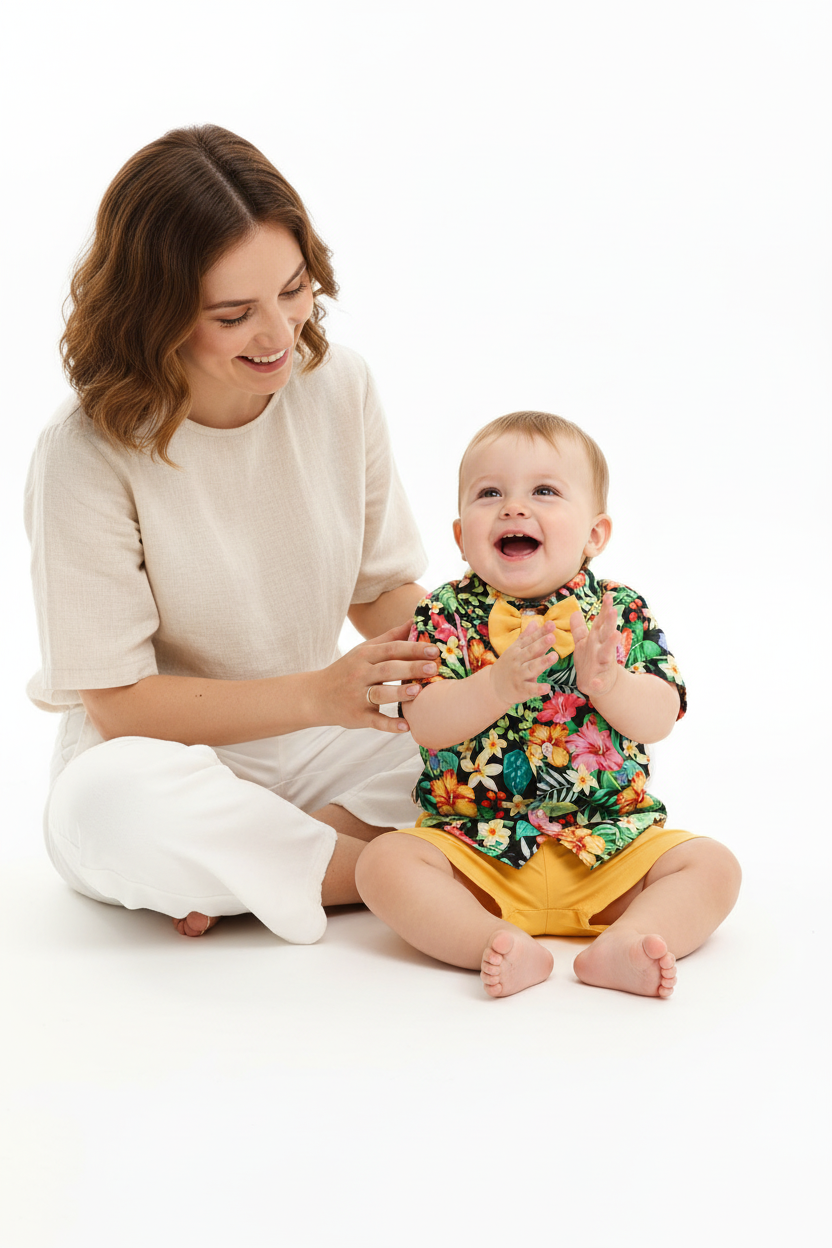 Ensemble bébé garçon tropical noir jaune — chemise fleurie nœud papillon et short jaune, tenue légère été boutique