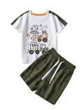 Ensemble enfant 2 pièces BIG TRUCK - t-shirt blanc engins de chantier pelleteuse tracteur camion avec manches vert kaki et col orange, short vert kaki motifs véhicules avec cordon blanc - tenue chantier enfant 2-8 ans - BabyCoton
