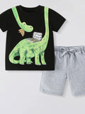Ensemble enfant 2 pièces DINO PIZZA - t-shirt noir avec dinosaure vert mangeant pizza et boîte DINO PIZZA, short gris chiné avec cordon blanc - tenue fun enfant 2-8 ans - BabyCoton
