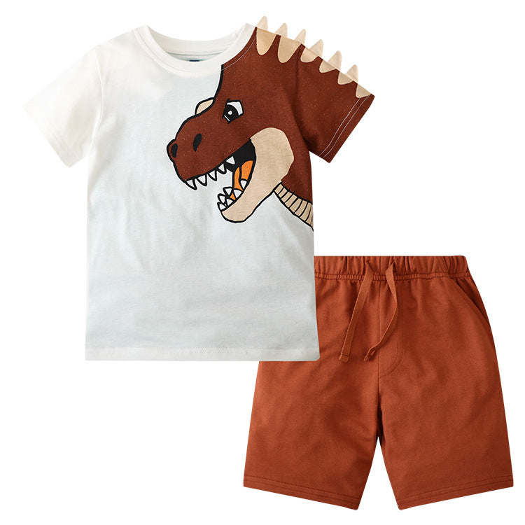 Ensemble enfant 2 pièces T-Rex 3D - t-shirt blanc avec appliqué tête de T-Rex marron en relief 3D et picots beiges, short marron - tenue dinosaure originale enfant 2-8 ans - BabyCoton
