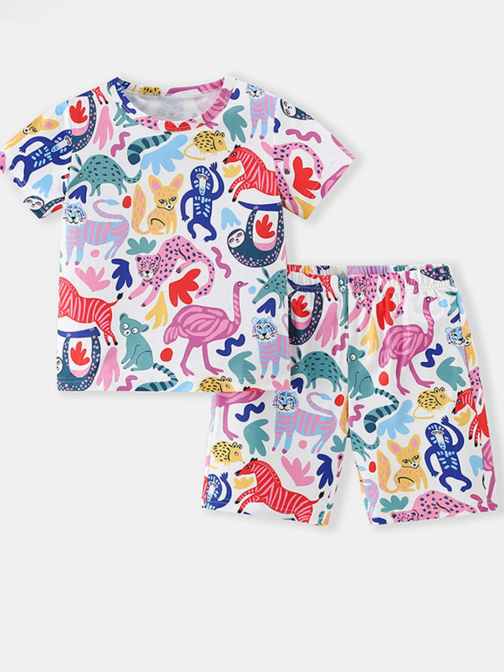 Ensemble enfant 2 pièces animaux colorés - t-shirt et short blanc avec imprimé flamants roses, léopards, singes, zèbres multicolores rose bleu jaune rouge vert - tenue safari enfant 2-8 ans - BabyCoton
