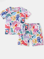 Ensemble enfant 2 pièces animaux colorés - t-shirt et short blanc avec imprimé flamants roses, léopards, singes, zèbres multicolores rose bleu jaune rouge vert - tenue safari enfant 2-8 ans - BabyCoton
