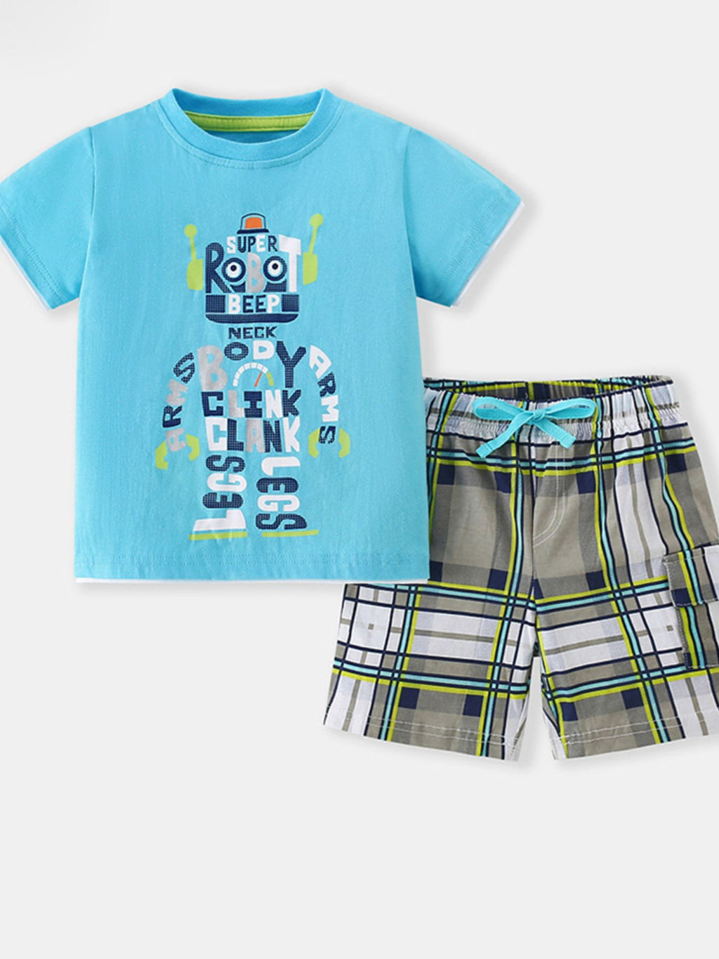 Ensemble enfant 2 pièces robot lettres - t-shirt bleu turquoise avec robot composé de mots colorés SUPER ROBOT BEEP GEEK CLINK, short à carreaux gris jaune turquoise avec cordon - tenue robot enfant 2-8 ans - BabyCoton
