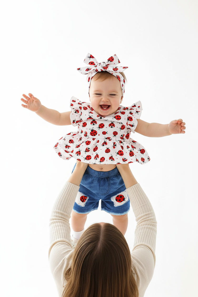 Ensemble fille coccinelles — top blanc peplum volants rouge et short jean bleu patch coccinelle, look boutique premium bébé 12 mois