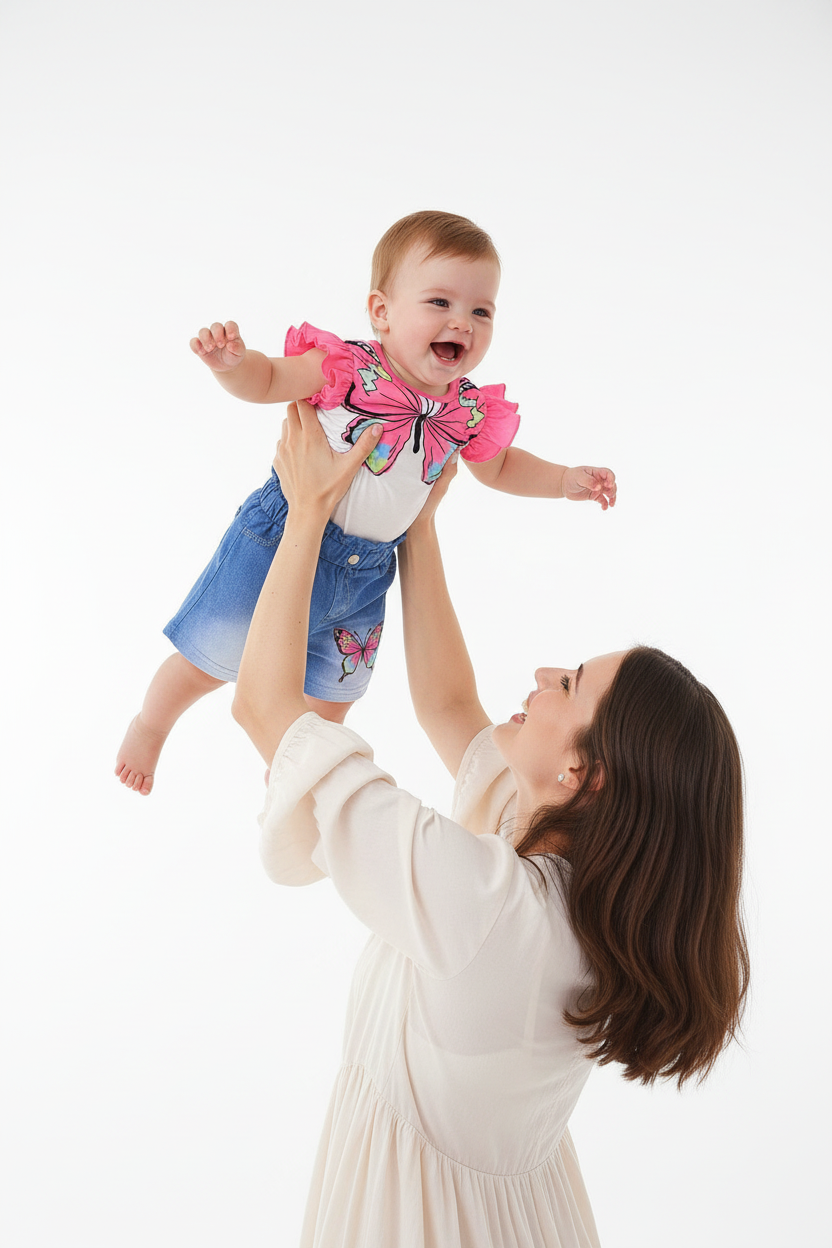 Ensemble fille papillon — top blanc volants rose et short jean bleu papillon brodé, look boutique premium bébé 12 mois