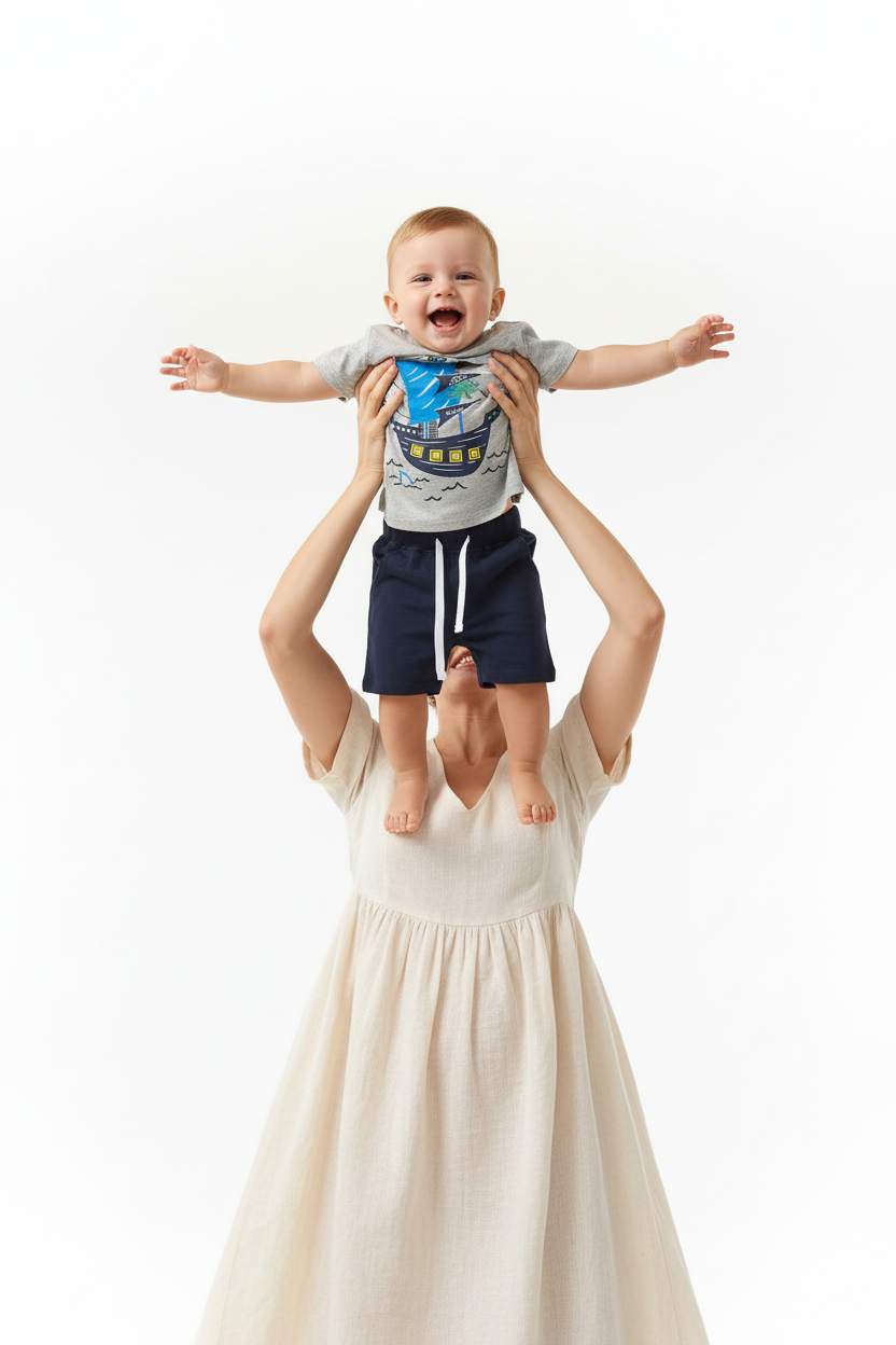 Ensemble garçon bateau pirate — t-shirt gris imprimé bateau et short bleu marine, look boutique premium bébé 18 mois fond blanc