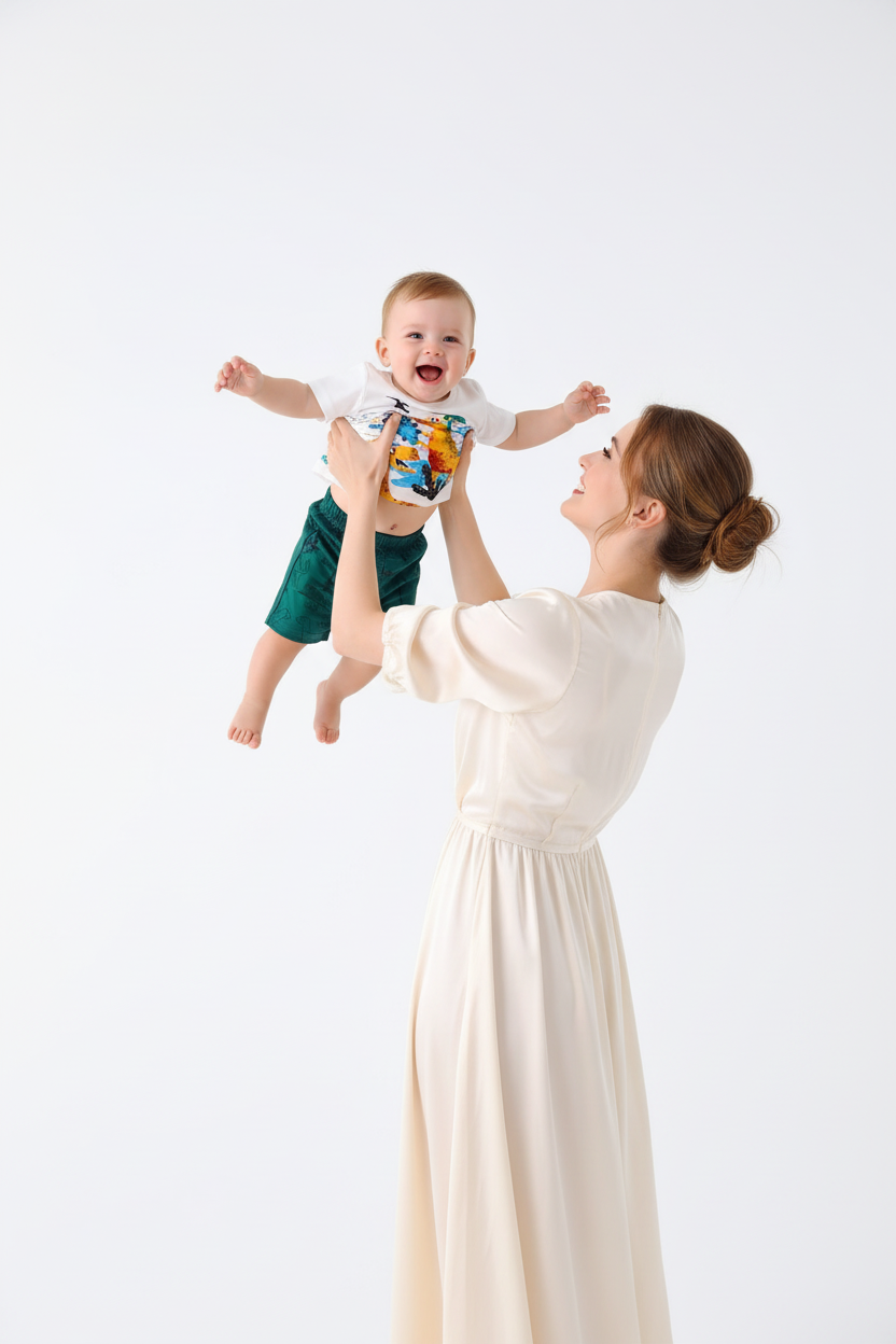 Ensemble garçon dinosaures — t-shirt blanc imprimé dino coloré et short vert foncé, look boutique premium bébé 12 mois fond blanc