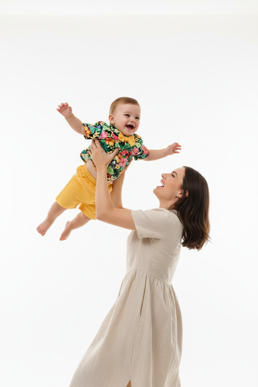Ensemble garçon tropical — chemise noire imprimé fleurs et short jaune, look boutique premium bébé 12 mois