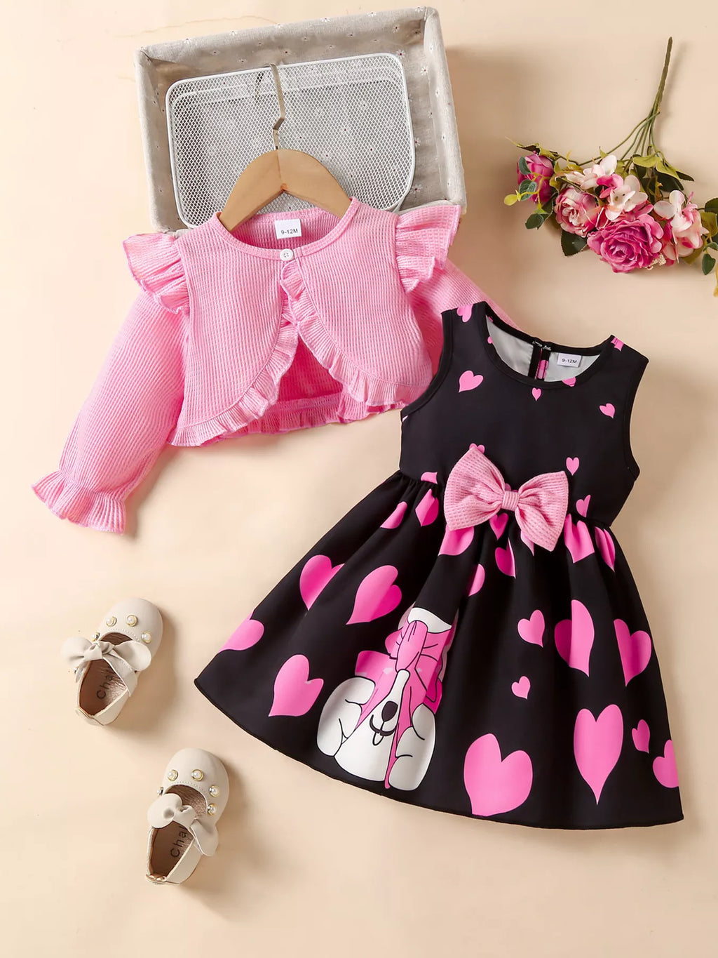 🌸 Vue complète ensemble 2 pièces robe nœud cardigan à volants coordonnés fille - coupe flatteuse silhouette élégante féminine - tissus doux confortables - design romantique raffiné complet - style polyvalent printemps été - vêtements premium BabyCoton Suisse
